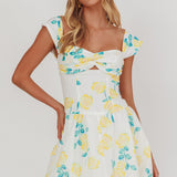 Cadi Twist Bust Balloon Mini Dress Floral Yellow