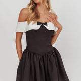 Grace Kelly Contrast Off-Shoulder Mini Dress Black