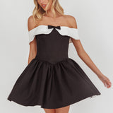 Grace Kelly Contrast Off-Shoulder Mini Dress Black