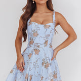 Get My Attention Basque Waist Mini Dress Floral Blue