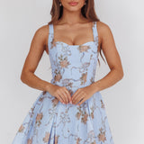 Get My Attention Basque Waist Mini Dress Floral Blue