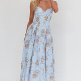 Get My Attention Pleat Waist Maxi Dress Bow Blue