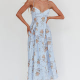 Get My Attention Pleat Waist Maxi Dress Bow Blue