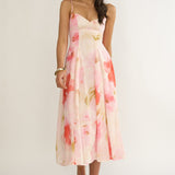 Get My Attention Pleat Waist Midi Dress Floral Pink