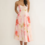 Get My Attention Pleat Waist Midi Dress Floral Pink