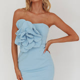 Karoline 3D Flower Strapless Mini Dress Blue