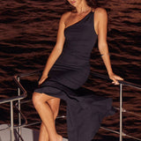 Bold Love One-Shoulder Asymmetric Hem Dress Black