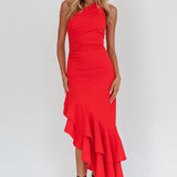 Bold Love One-Shoulder Asymmetric Hem Dress Red