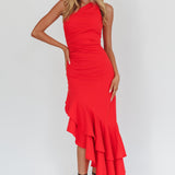 Bold Love One-Shoulder Asymmetric Hem Dress Red