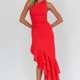 Bold Love One-Shoulder Asymmetric Hem Dress Red