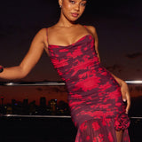Stole The Show Ruched Mesh Maxi Dress Floral Red