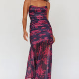 Stole The Show Ruched Mesh Maxi Dress Floral Grape