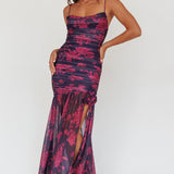 Stole The Show Ruched Mesh Maxi Dress Floral Grape
