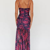 Stole The Show Ruched Mesh Maxi Dress Floral Grape