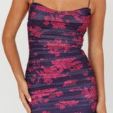 Stole The Show Ruched Mesh Maxi Dress Floral Grape