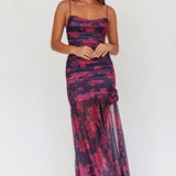Stole The Show Ruched Mesh Maxi Dress Floral Grape