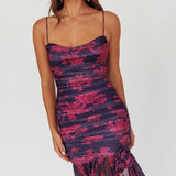 Stole The Show Ruched Mesh Maxi Dress Floral Grape