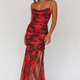 Stole The Show Ruched Mesh Maxi Dress Floral Red