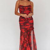 Stole The Show Ruched Mesh Maxi Dress Floral Red
