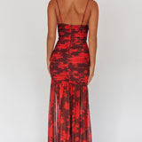Stole The Show Ruched Mesh Maxi Dress Floral Red