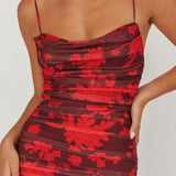 Stole The Show Ruched Mesh Maxi Dress Floral Red