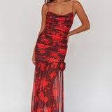Stole The Show Ruched Mesh Maxi Dress Floral Red
