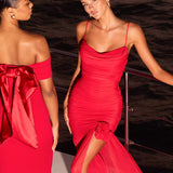 Stole The Show Ruched Mesh Maxi Dress Red