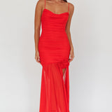 Stole The Show Ruched Mesh Maxi Dress Red