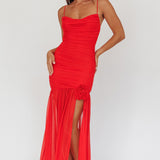 Stole The Show Ruched Mesh Maxi Dress Red