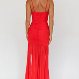 Stole The Show Ruched Mesh Maxi Dress Red