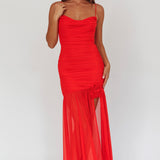 Stole The Show Ruched Mesh Maxi Dress Red