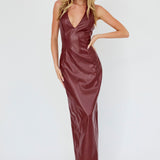 Marella Halterneck Faux Leather Maxi Dress Wine