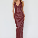 Marella Halterneck Faux Leather Maxi Dress Wine