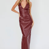 Marella Halterneck Faux Leather Maxi Dress Wine