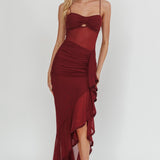 Kamilah Sheer Waist Ruched Ruffle Maxi Dress Wine