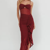 Kamilah Sheer Waist Ruched Ruffle Maxi Dress Wine