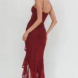 Kamilah Sheer Waist Ruched Ruffle Maxi Dress Wine