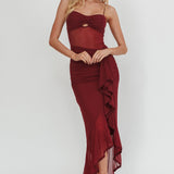 Kamilah Sheer Waist Ruched Ruffle Maxi Dress Wine