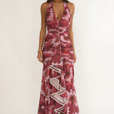 Kamilah Ruched Ruffle Maxi Dress Floral Red