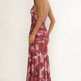 Kamilah Ruched Ruffle Maxi Dress Floral Red