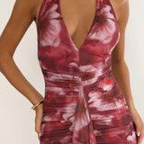 Kamilah Ruched Ruffle Maxi Dress Floral Red