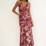 Kamilah Ruched Ruffle Maxi Dress Floral Red