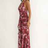 Kamilah Ruched Ruffle Maxi Dress Floral Red