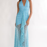 Kamilah Ruched Ruffle Maxi Dress Lace Teal