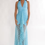 Kamilah Ruched Ruffle Maxi Dress Lace Teal