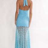 Kamilah Ruched Ruffle Maxi Dress Lace Teal