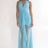 Kamilah Ruched Ruffle Maxi Dress Lace Teal