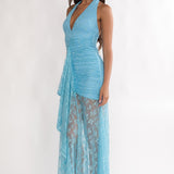 Kamilah Ruched Ruffle Maxi Dress Lace Teal