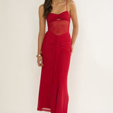 Kamilah Ruched Sheer Waist Maxi Dress Red
