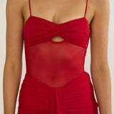Kamilah Ruched Sheer Waist Maxi Dress Red